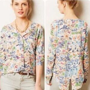 Anthropologie MAEVE Cartography London Map Print Button - Down Blouse